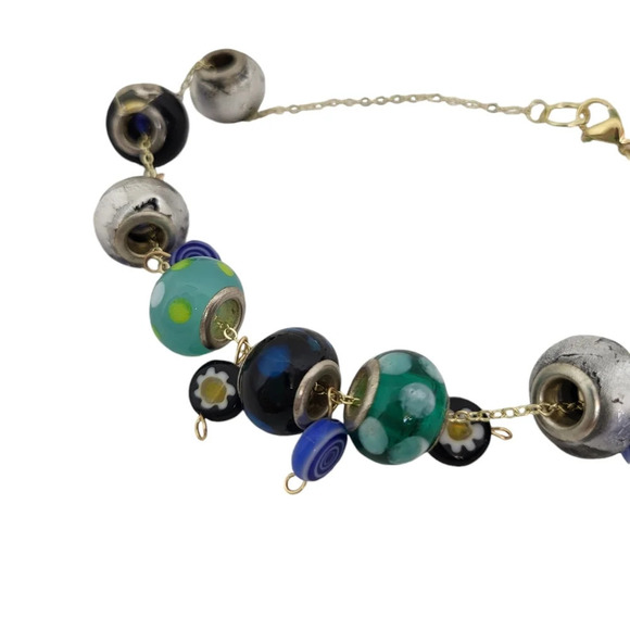 Bold Glass Daisy Swirl lampwork bracelet blue Polka Dot bracelet - Picture 3 of 4